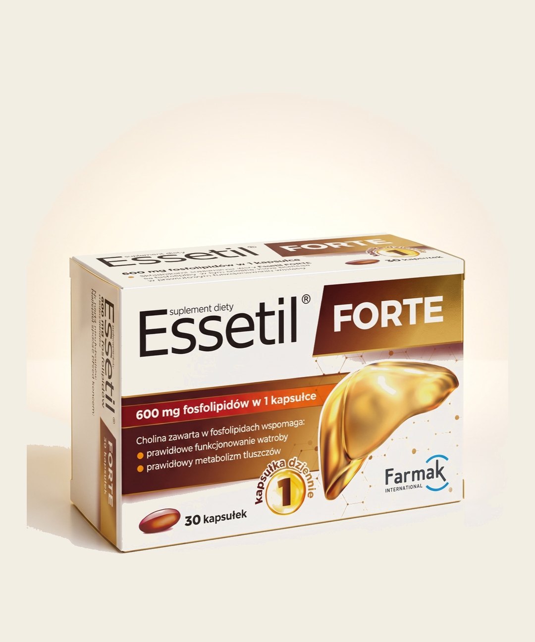 Essetil Forte 600mg studio photograph of the complete 30-capsule box