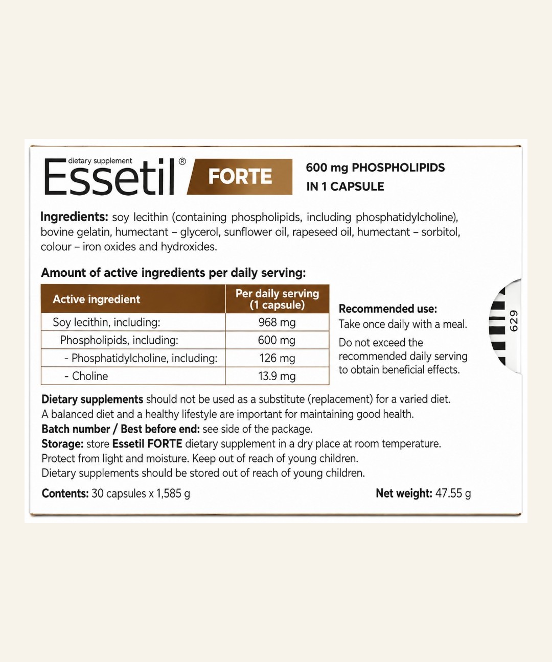 Essetil Forte 600mg back of box: ingredients, 600 mg phospholipids and 13.9 mg choline per capsule