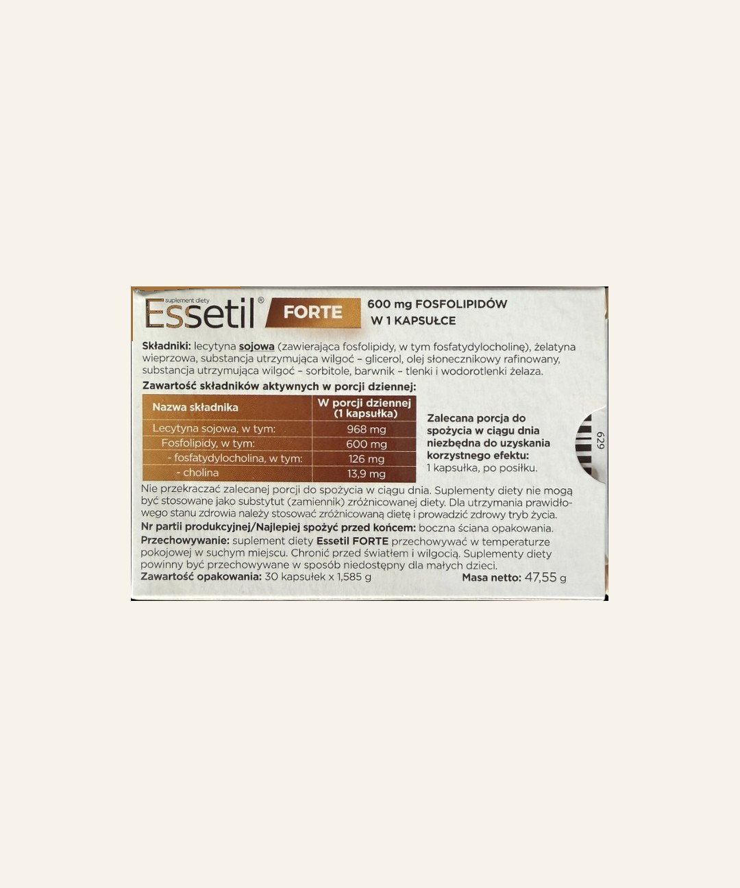 Tył opakowania Essetil Forte 600 mg: skład, 600 mg fosfolipidów i 13,9 mg choliny w kapsułce