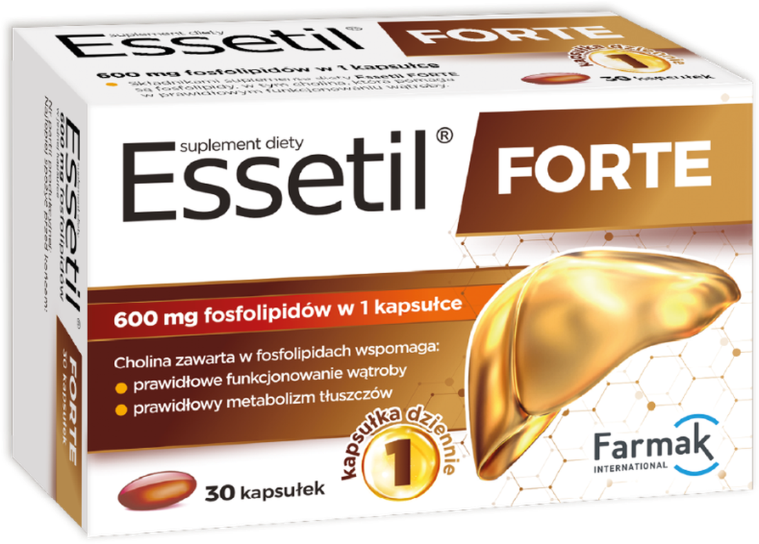 Essetil Forte 600mg box standing in a bright room, soy phospholipids for normal liver function